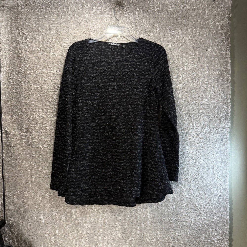 SnoSkins Textured Crinkle Long Sleeve Top Black Preppy Casual M USA Made